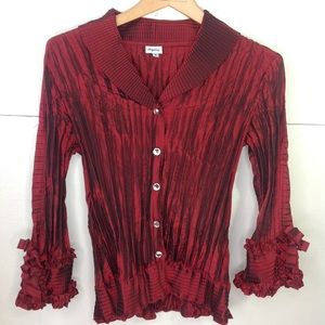 Agora Red Ruffle Blouse Mini Pleat Sleeve Bow